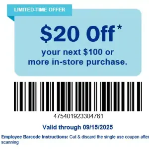 Lowes 20$ off coupon barcode for redemption in-store