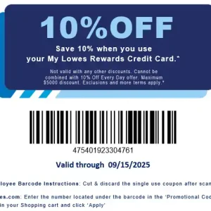 Lowes 10 percent coupon code sample barcode section