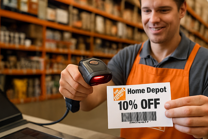 Scanning a verified Home Depot coupon 2025 at checkout