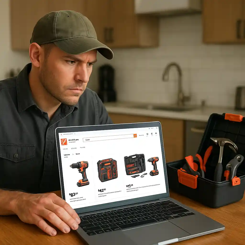 Veteran online shopping Home Depot product pages on laptop with tools nearby representing home depot military discount eligibility