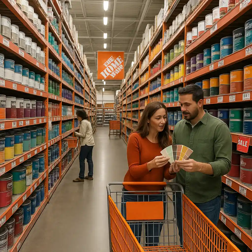 Shopper browsing rows of paint cans in a Home Depot aisle during a paint sale
