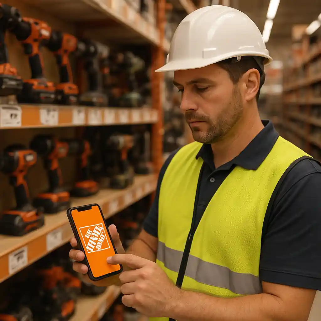 Contractor checking Home Depot app for deal prices in a bright store aisle