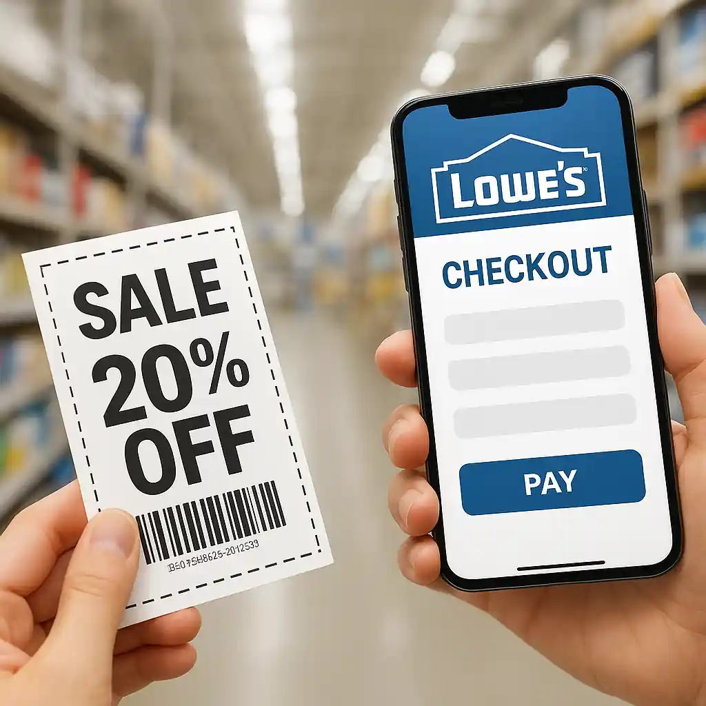 Shopper holding coupon and phone showing lowes 20 off coupon applied at checkout