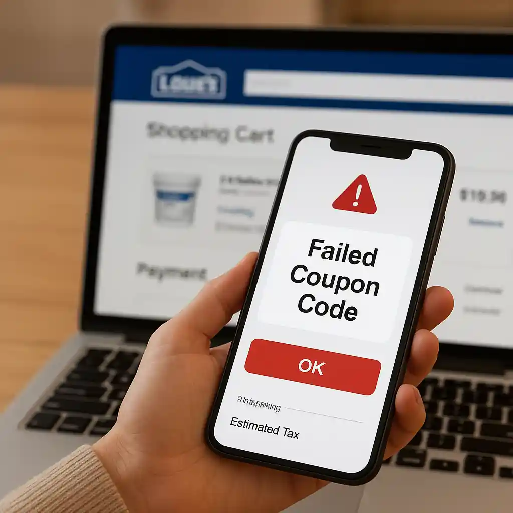 Shopper checking failed Lowes promo codes on smartphone at a kitchen table