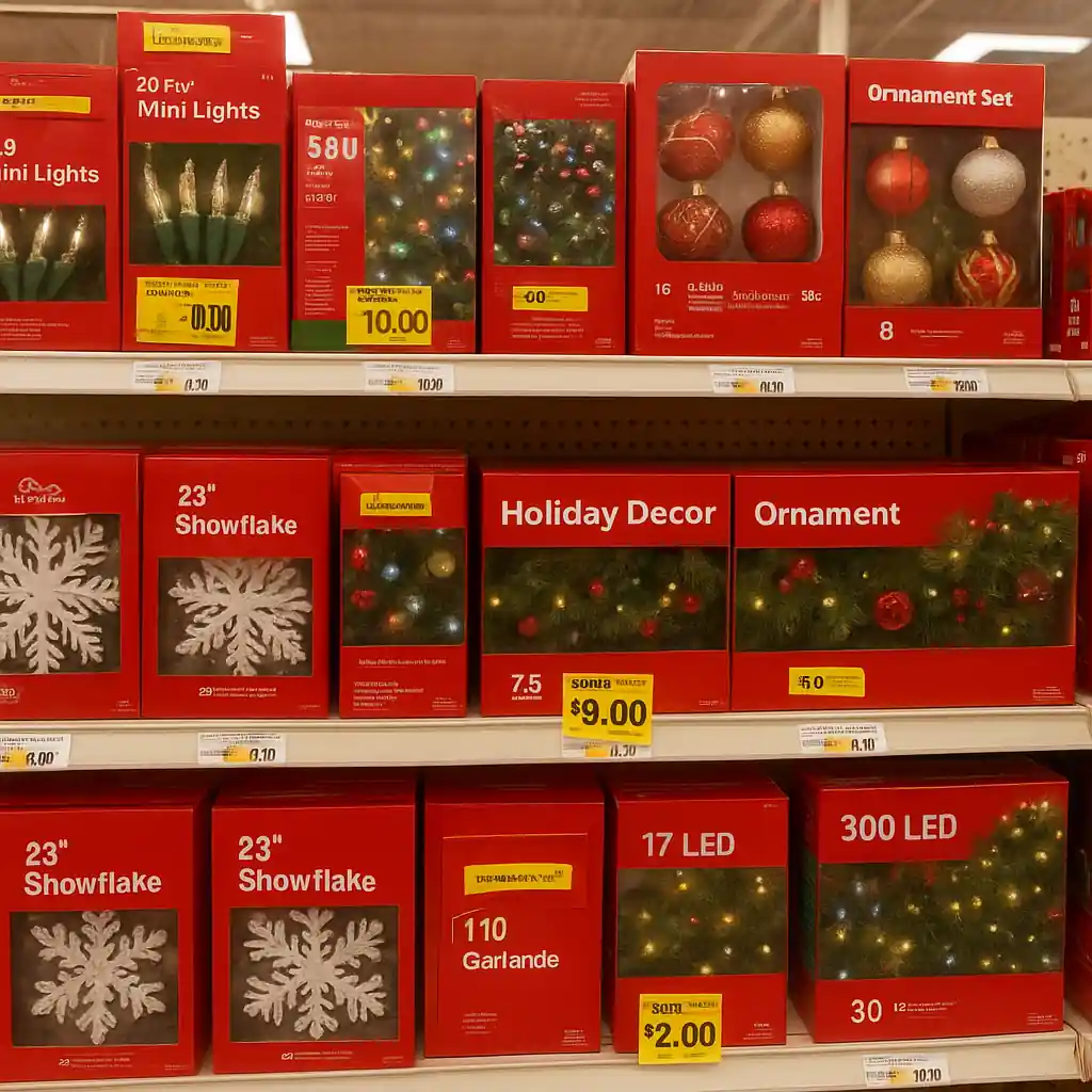 Stacked boxed holiday decorations and string lights on sale in a Home Depot aisle showing clearance tags