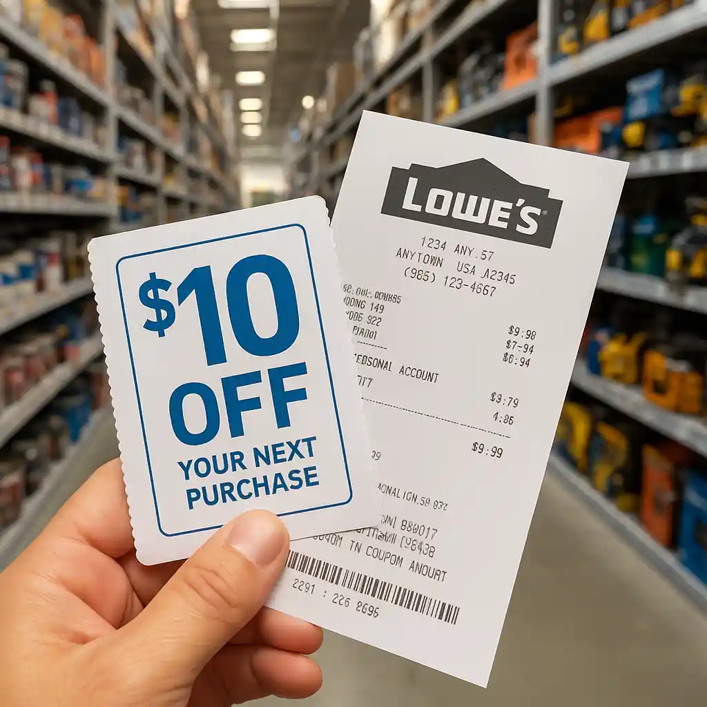 Shopper holding a $10 coupon and Lowe's receipt in a hardware aisle with tools in the background