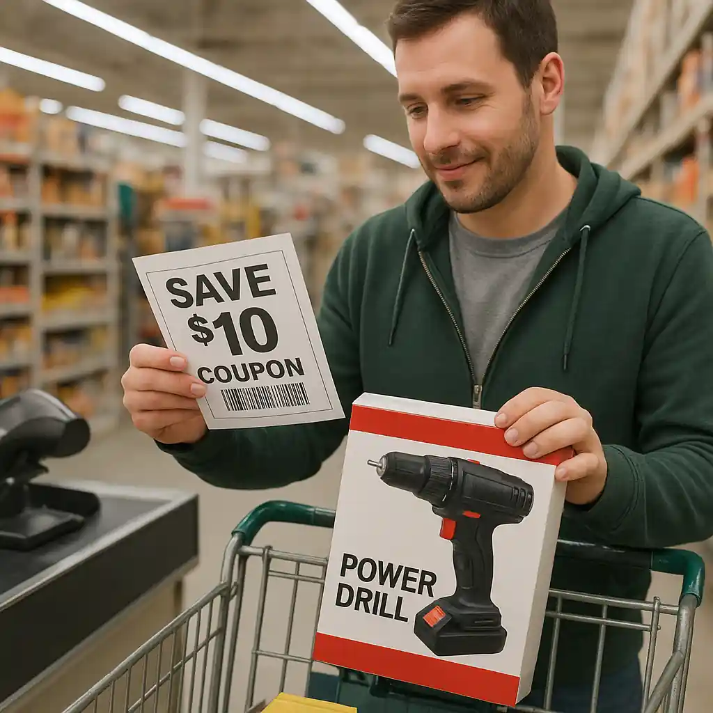 Shopper holding a Home Depot 20 off coupon at checkout with a power drill in the cart