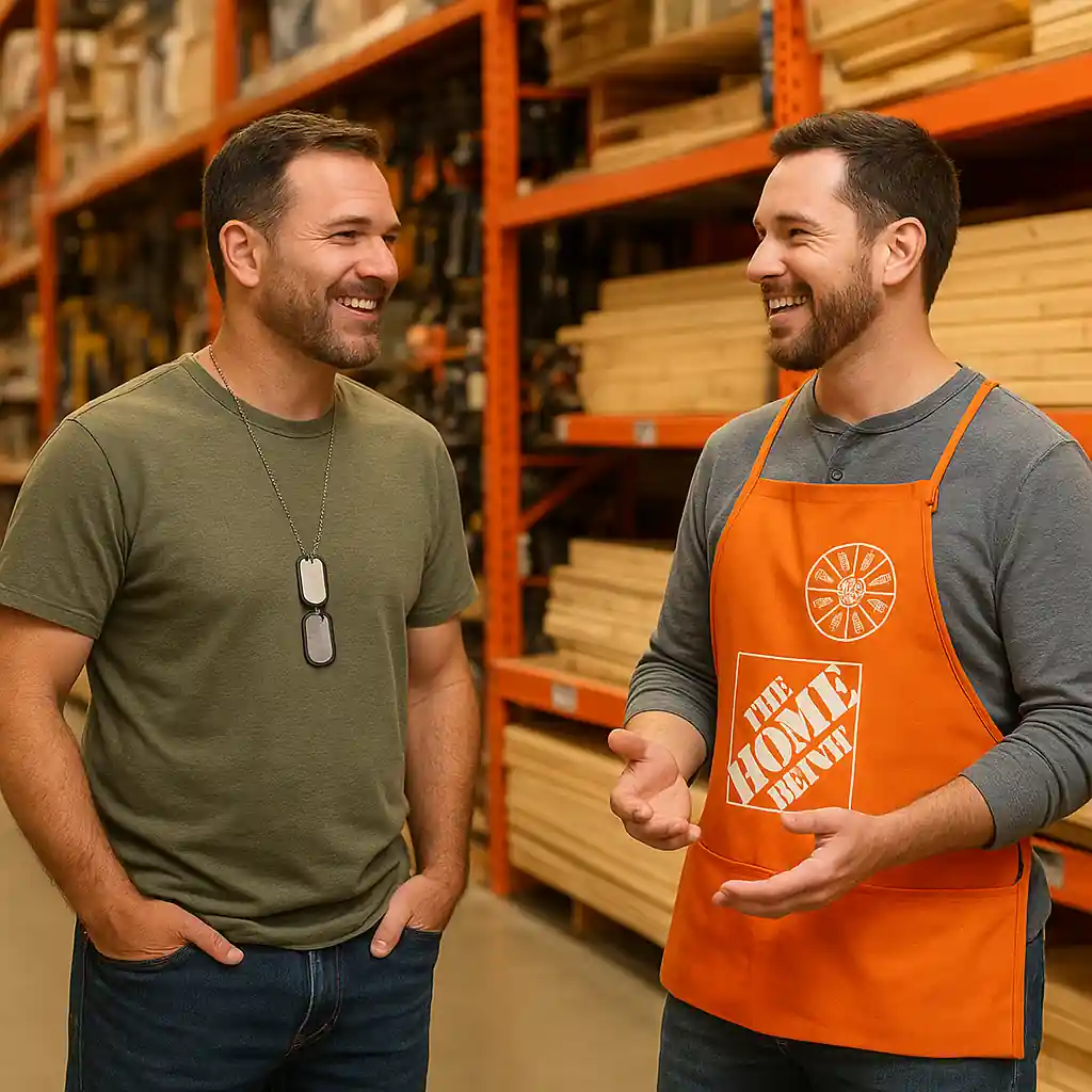Military veteran getting help from a Home Depot associate in a home improvement aisle
