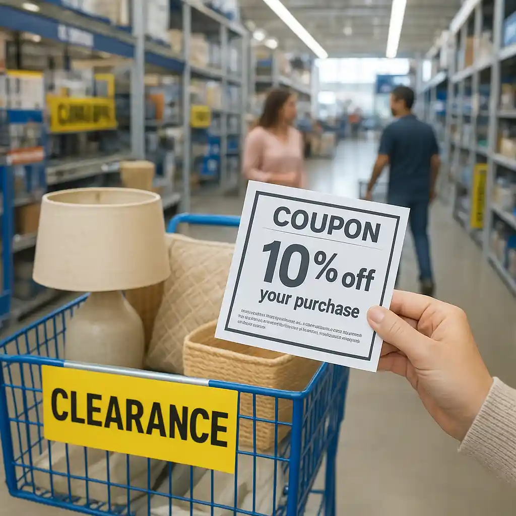 Shopper holding a printed Lowes 20 off coupon near clearance home goods at a retail checkout