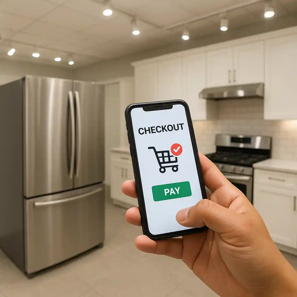 Shopper comparing appliance checkout on smartphone in a kitchen showroom with a stainless steel refrigerator