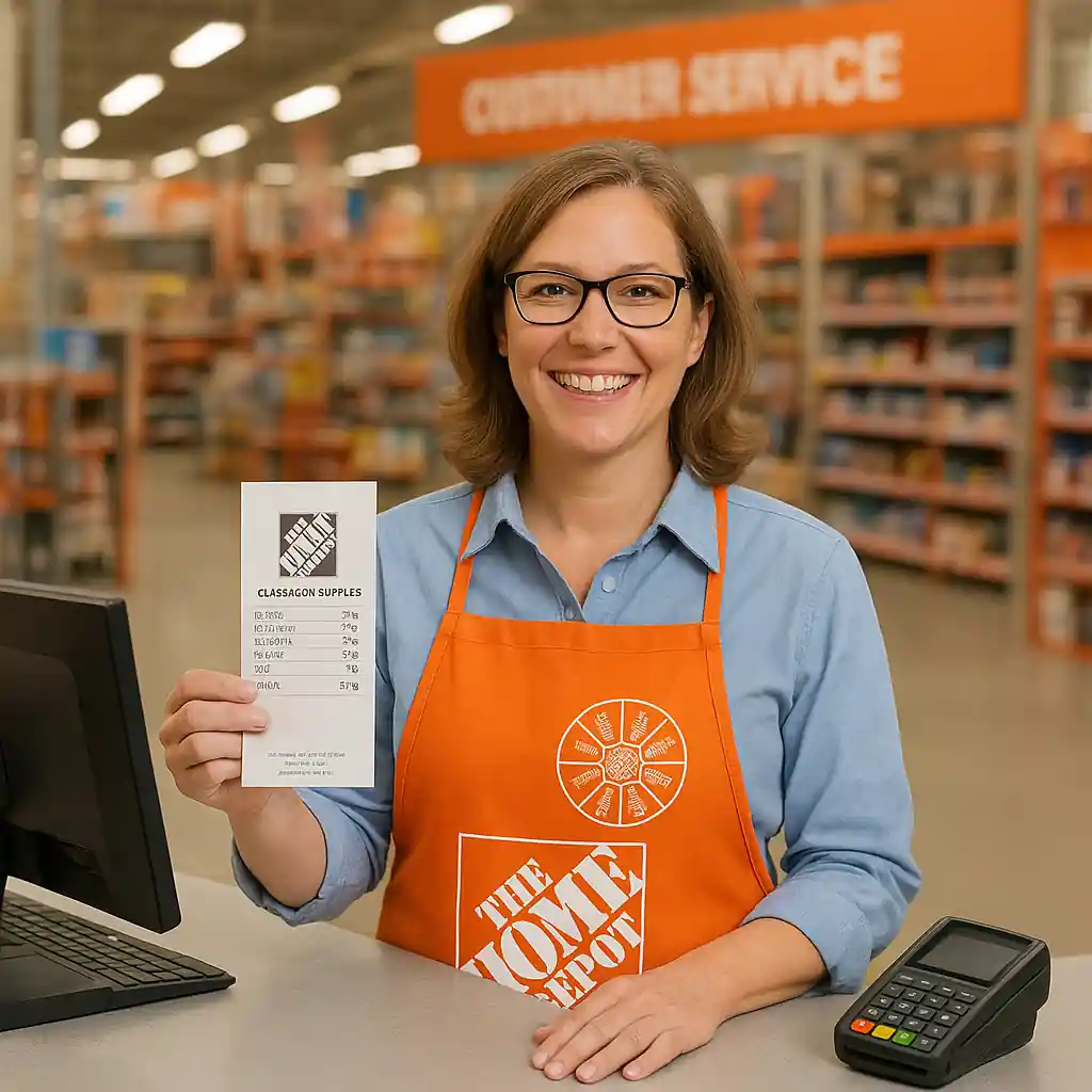 Teacher holding receipt at Home Depot customer service desk claiming home depot educator discount