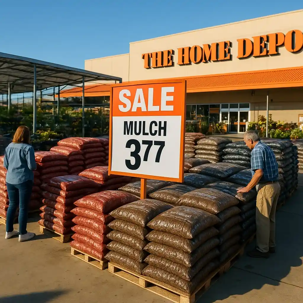 Home Depot mulch bags stacked in the garden center under a 5 for $10 sale sign