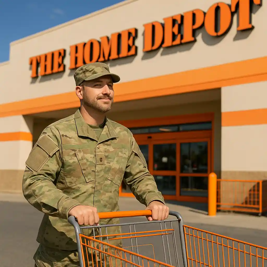 Veteran in uniform pushing a shopping cart outside a Home Depot store entrance