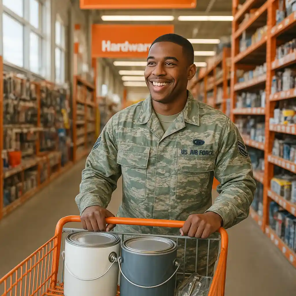 Service member shopping at Home Depot with paint and hardware, illustrating Home Depot military discount eligibility