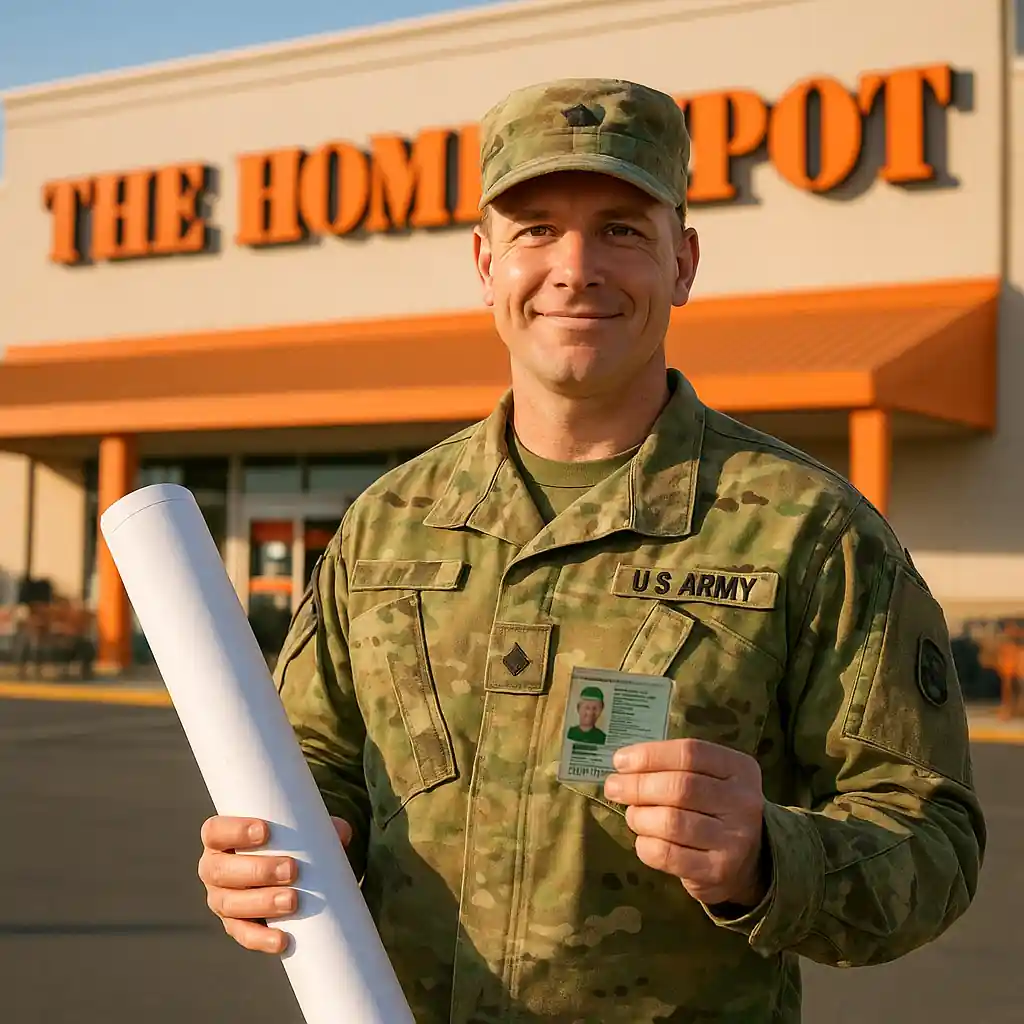 Service member holding military ID and blueprint outside a Home Depot store entrance