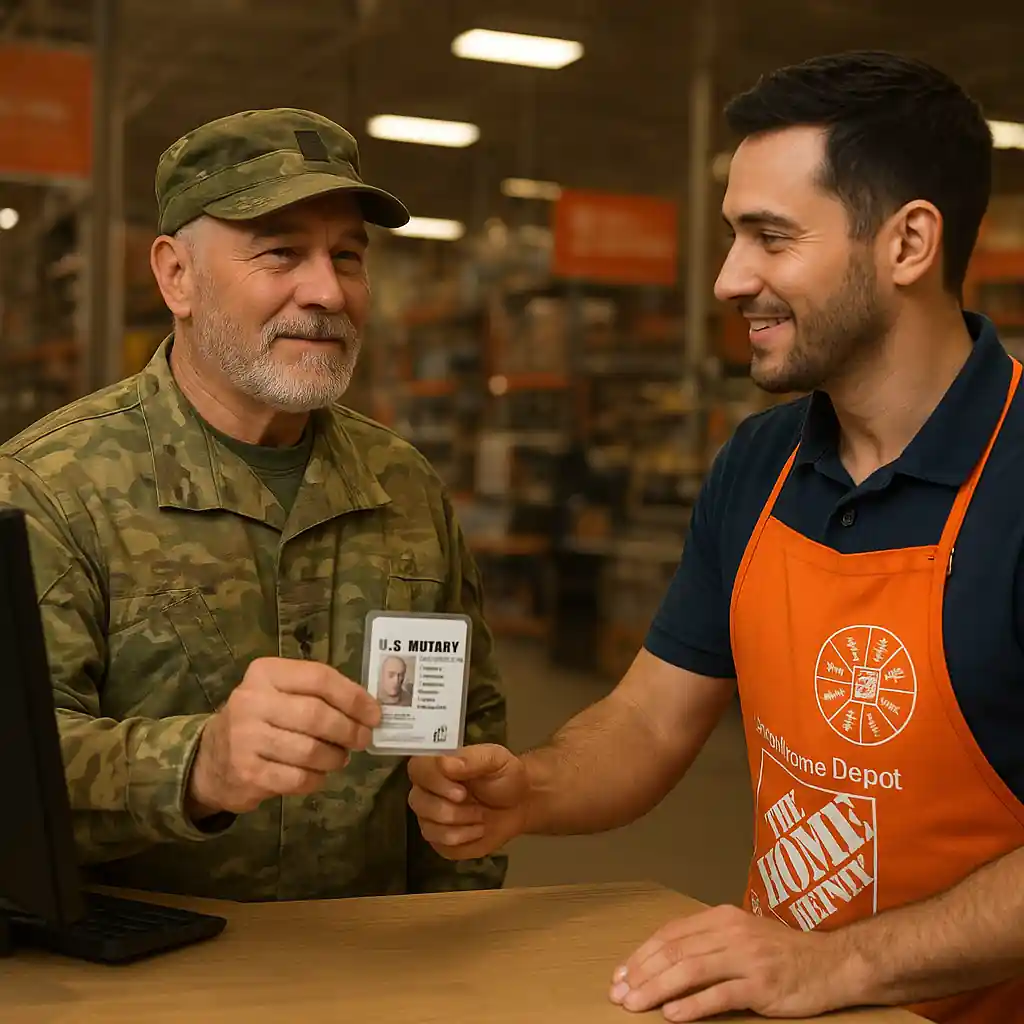 Veteran presenting military ID at Home Depot store counter for verification with staff member