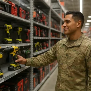Service member in uniform inspecting power drills in a hardware aisle at a Home Depot-style store