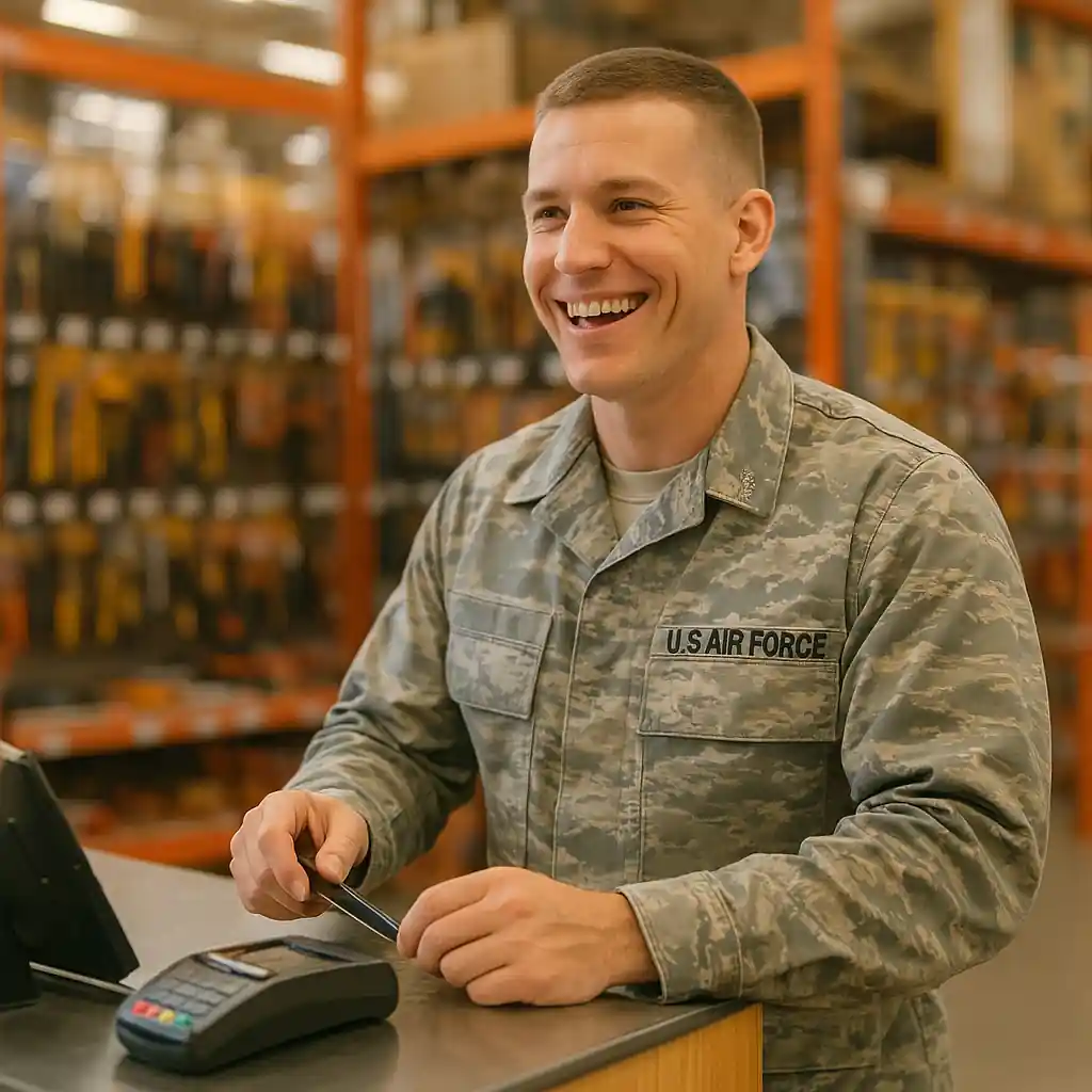 Service member at checkout in store aisle with tools, representing Home Depot military discount shoppers