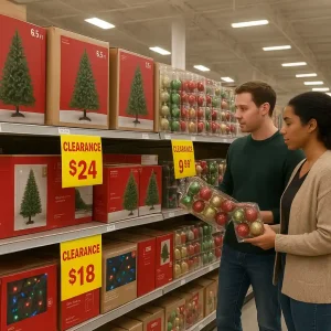 Home Depot Christmas clearance aisle with boxed trees, lights, and sale tags