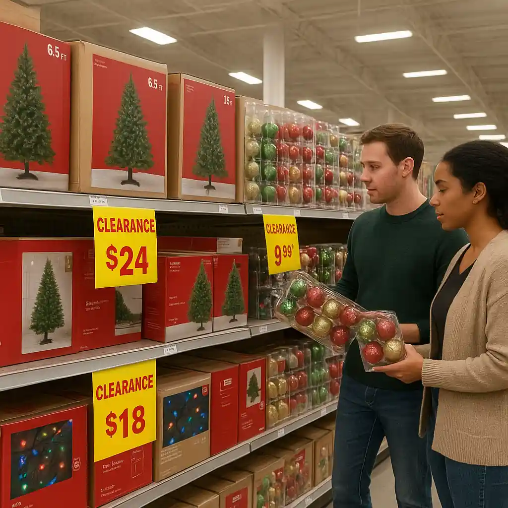 Home Depot Christmas clearance aisle with boxed trees, lights, and sale tags