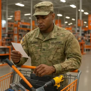 Service member holding a Home Depot receipt next to tools in a cart demonstrating home depot military discount savings
