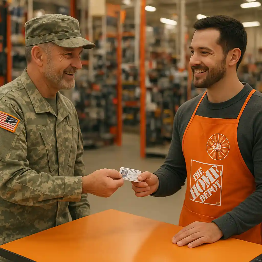 Veteran showing Home Depot military discount verification ID at customer service counter