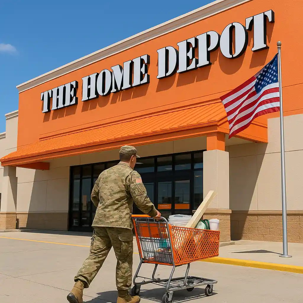 Service member entering Home Depot storefront with shopping cart full of tools and supplies, Home Depot military benefit context