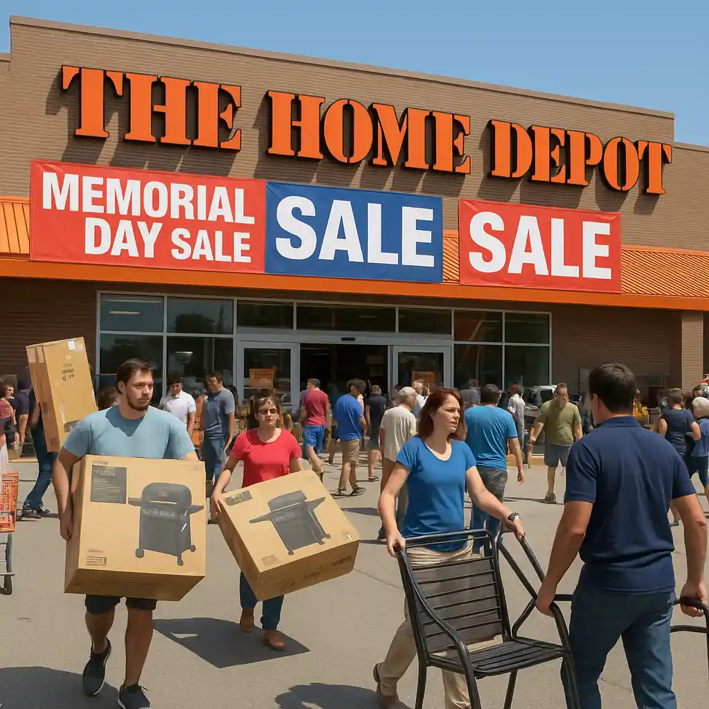 Customers leaving a Home Depot with boxed grills and patio furniture during Memorial Day sale