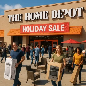 Shoppers leaving Home Depot with boxed appliances and patio furniture during a Memorial Day sale