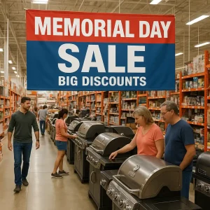 Shoppers compare outdoor grills under a large Memorial Day sale banner in a bustling hardware store aisle