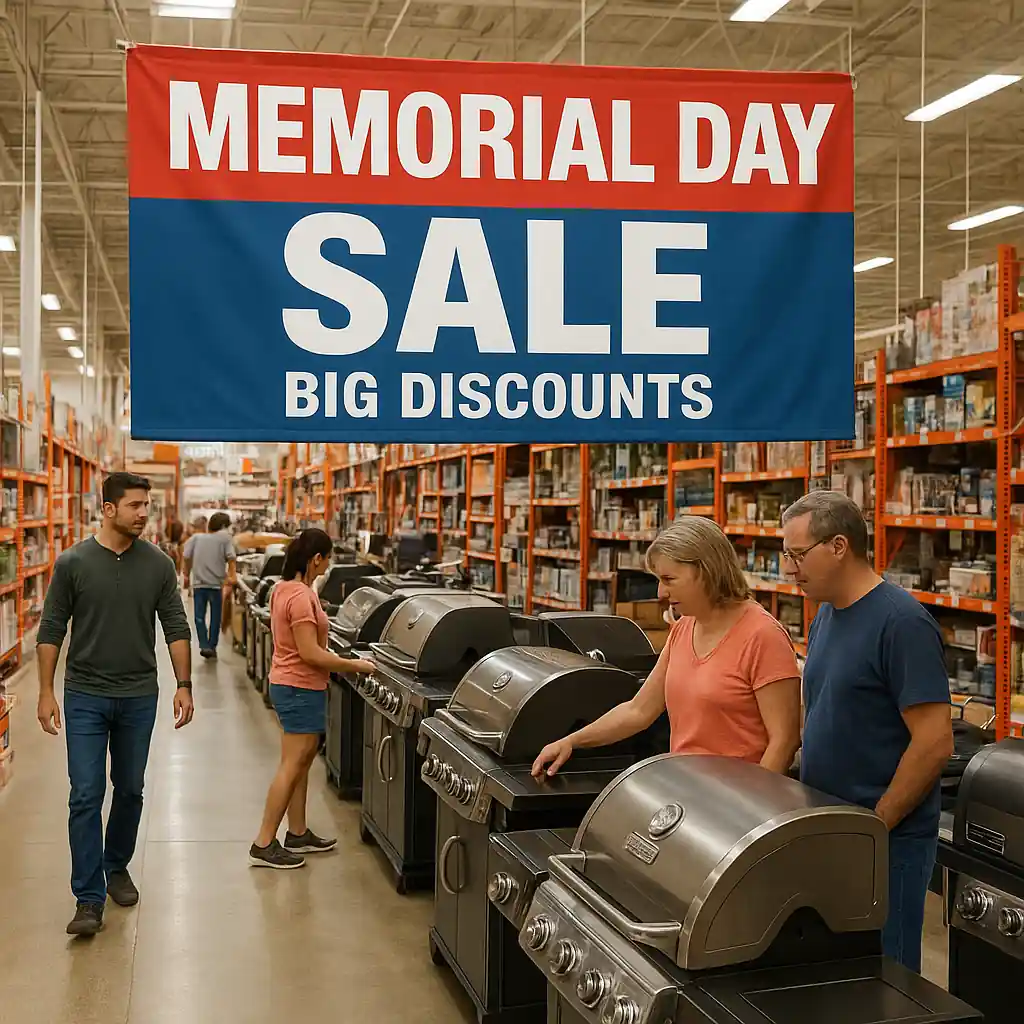 Shoppers compare outdoor grills under a large Memorial Day sale banner in a bustling hardware store aisle