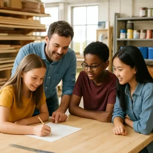 Teacher and students choosing lumber and paint at a hardware store for a classroom project