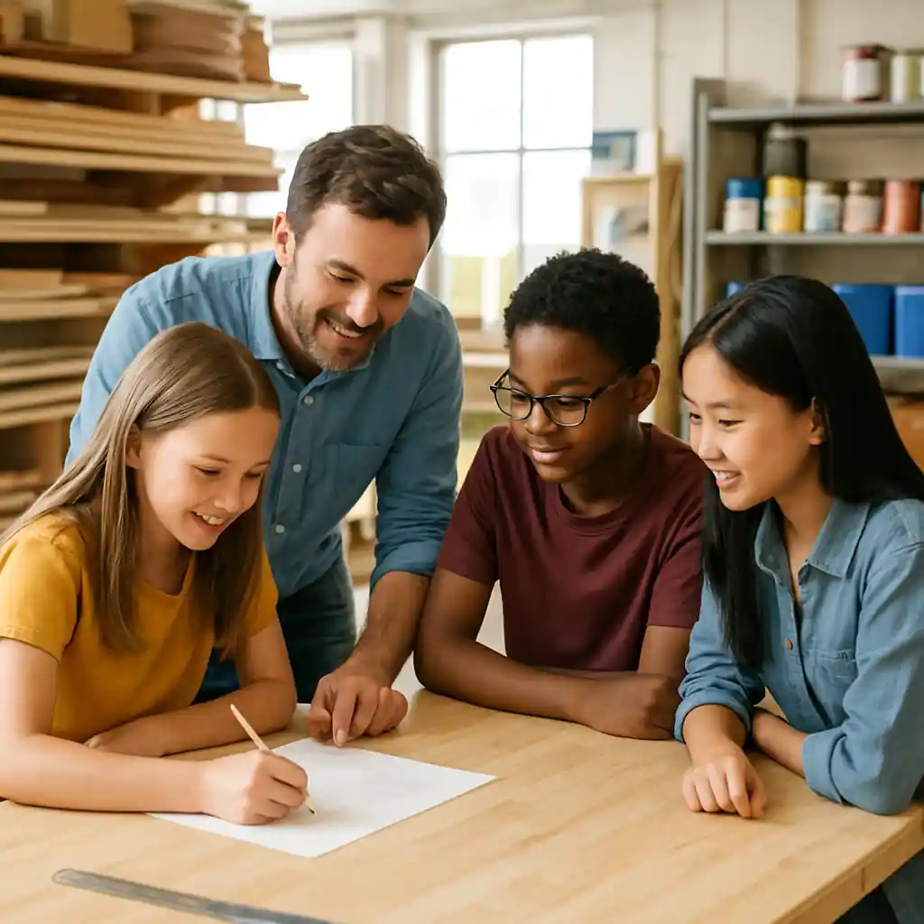 Teacher and students choosing lumber and paint at a hardware store for a classroom project