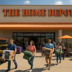 Shoppers at Home Depot carrying boxed grills and patio furniture during a Memorial Day sale