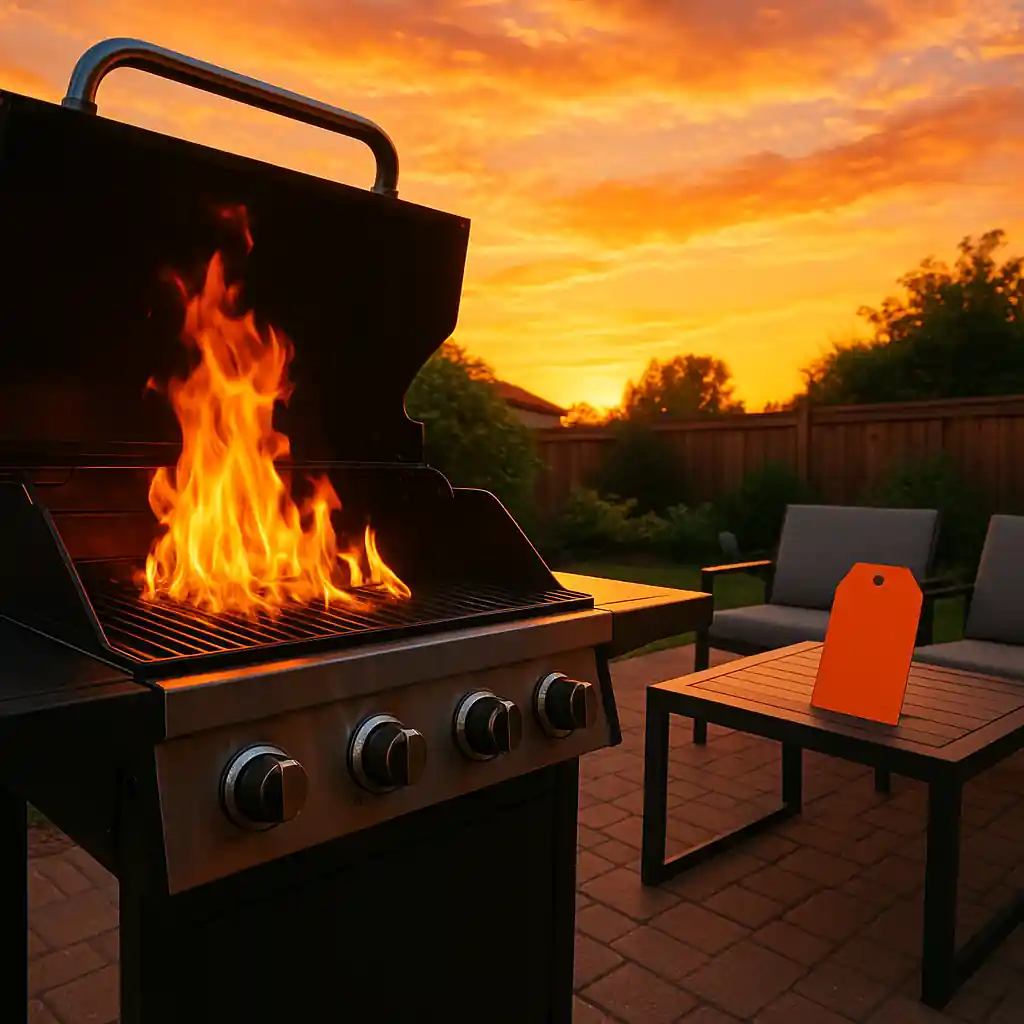 Backyard patio with gas grill and outdoor furniture under a sunset, sale-ready outdoor setup