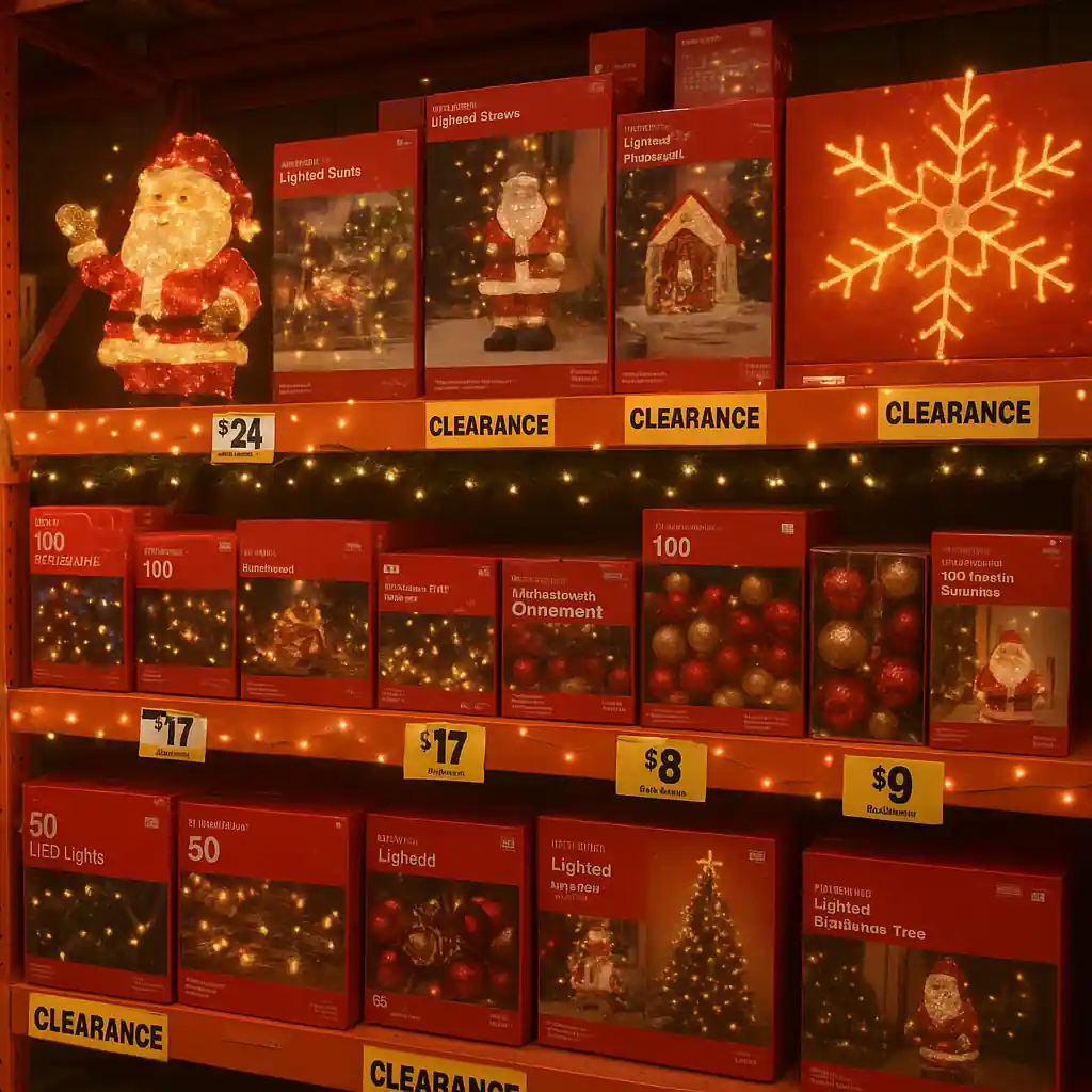 Home Depot Christmas clearance aisle with boxed decorations and string lights on sale