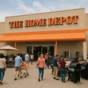 Shoppers comparing outdoor furniture and grills near a Home Depot storefront during a busy Memorial Day sale