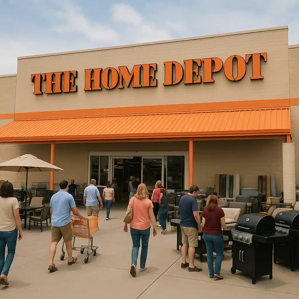 Shoppers comparing outdoor furniture and grills near a Home Depot storefront during a busy Memorial Day sale