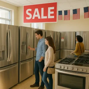 Shoppers comparing stainless-steel refrigerators during a Home Depot Memorial Day sale