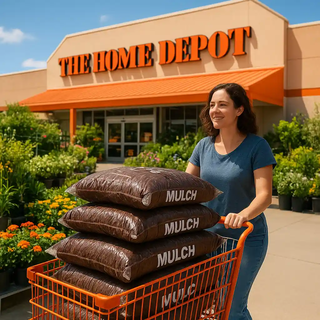 Customer loading bags during a Home Depot mulch sale, stacked five bags near a store entrance