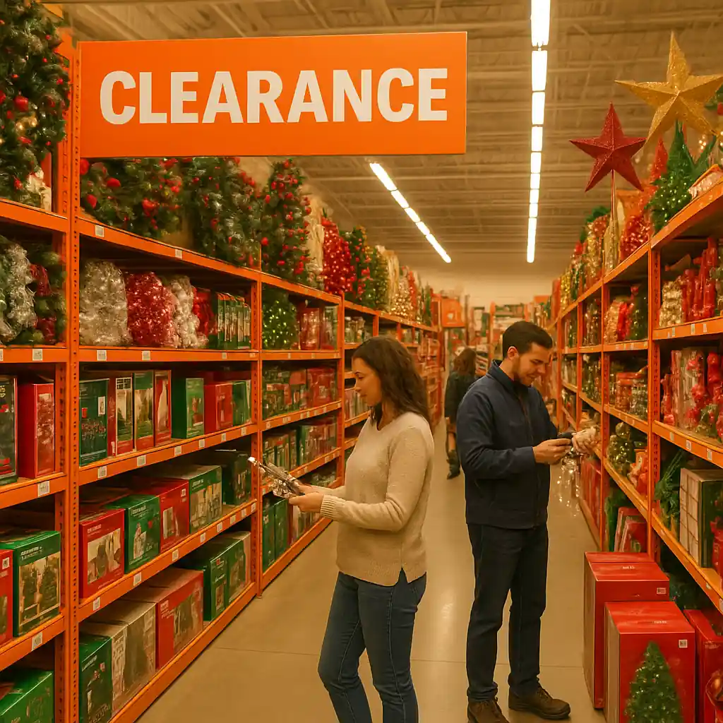 shoppers examining discounted lights and boxed trees during Home Depot Christmas clearance in a well-lit aisle