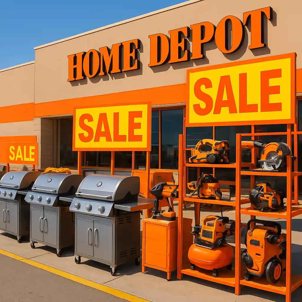 Customers browsing a Memorial Day outdoor sale display with grills, tools, and patio furniture