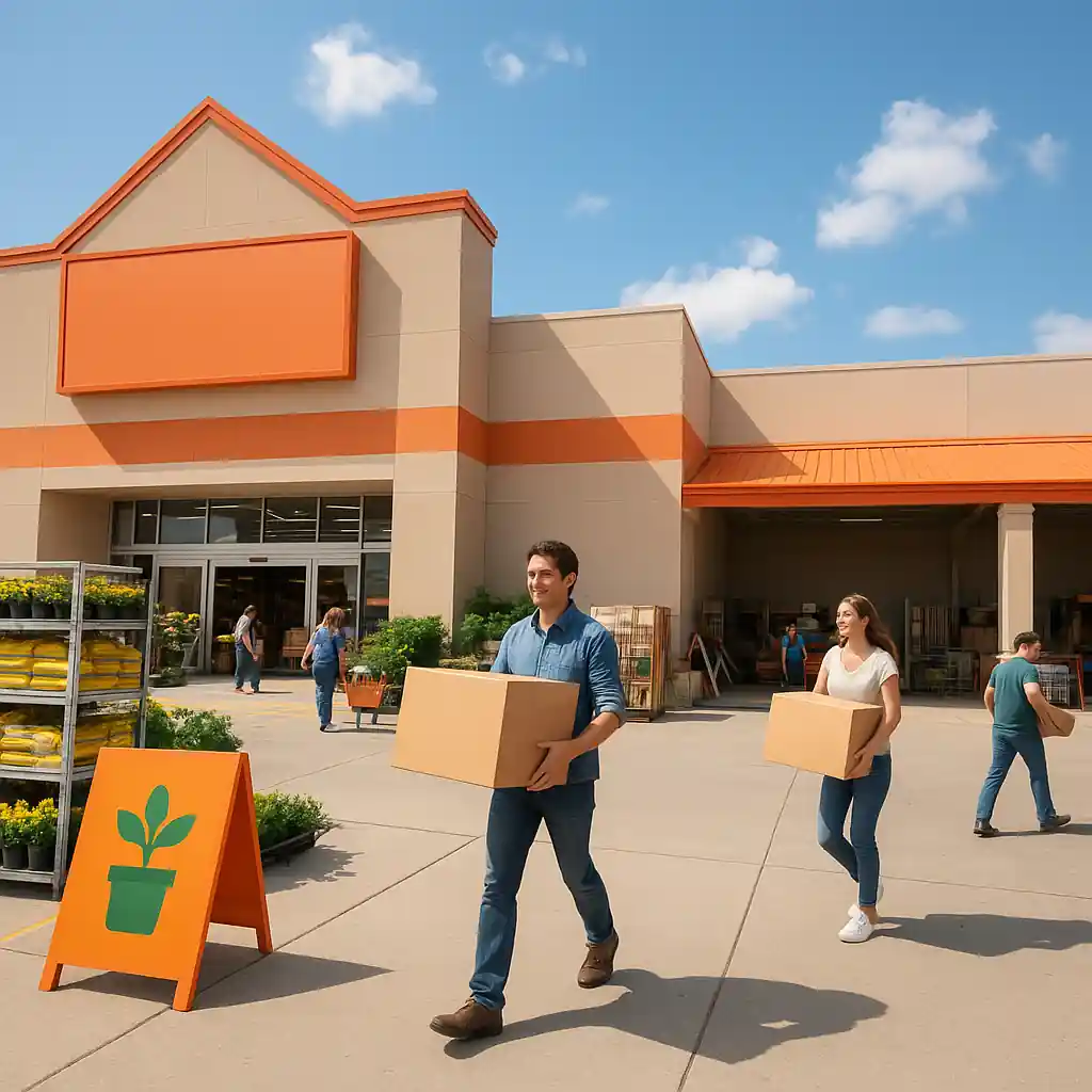 Shoppers carrying boxes in front of a busy Home Depot-style store with Labor Day weekend atmosphere