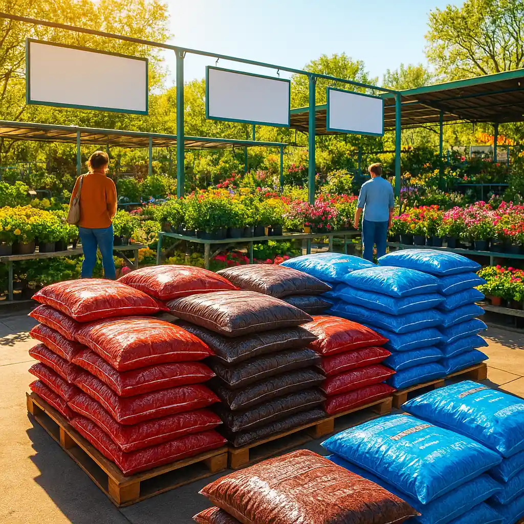 Stacks of mulch bags on pallets in a garden center during a Home Depot mulch sale