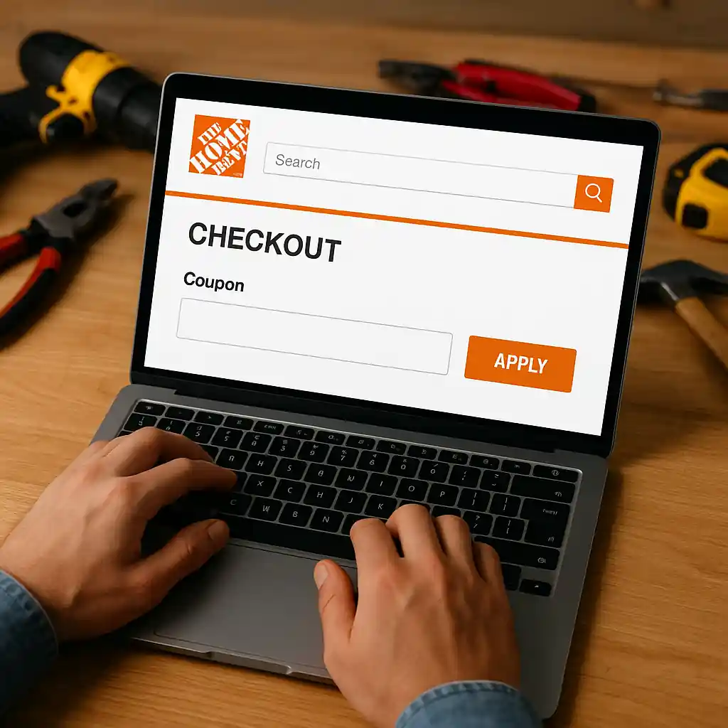 Laptop at checkout with Home Depot promo code field and tools on a workbench
