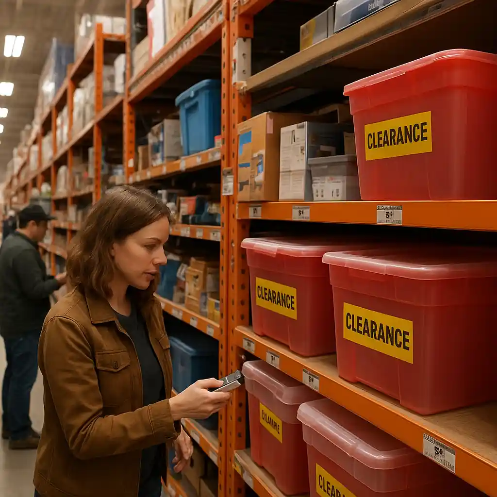 Shoppers scanning clearance shelf tags for home depot penny deals in a busy store aisle