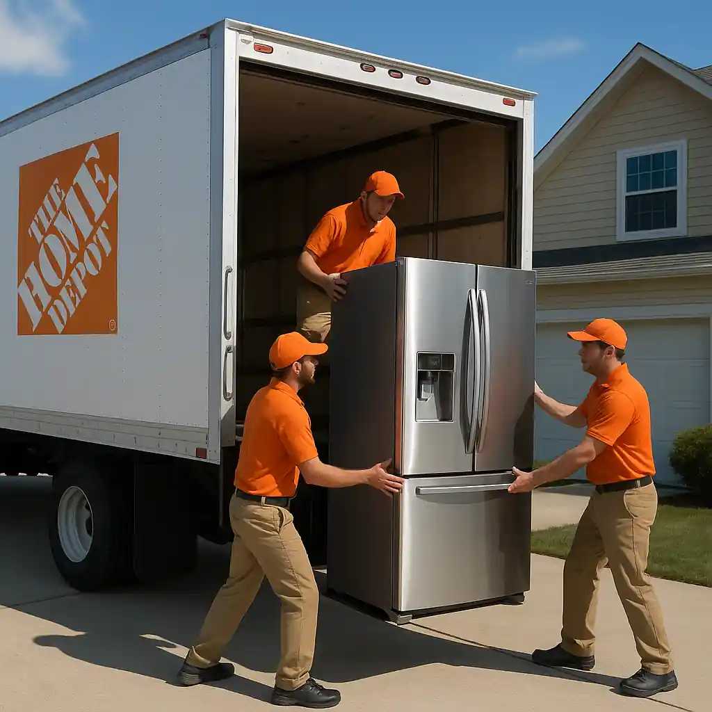 Delivery crew unloading a stainless steel refrigerator from a Home Depot truck, highlighting a Home Depot appliance discount delivery moment