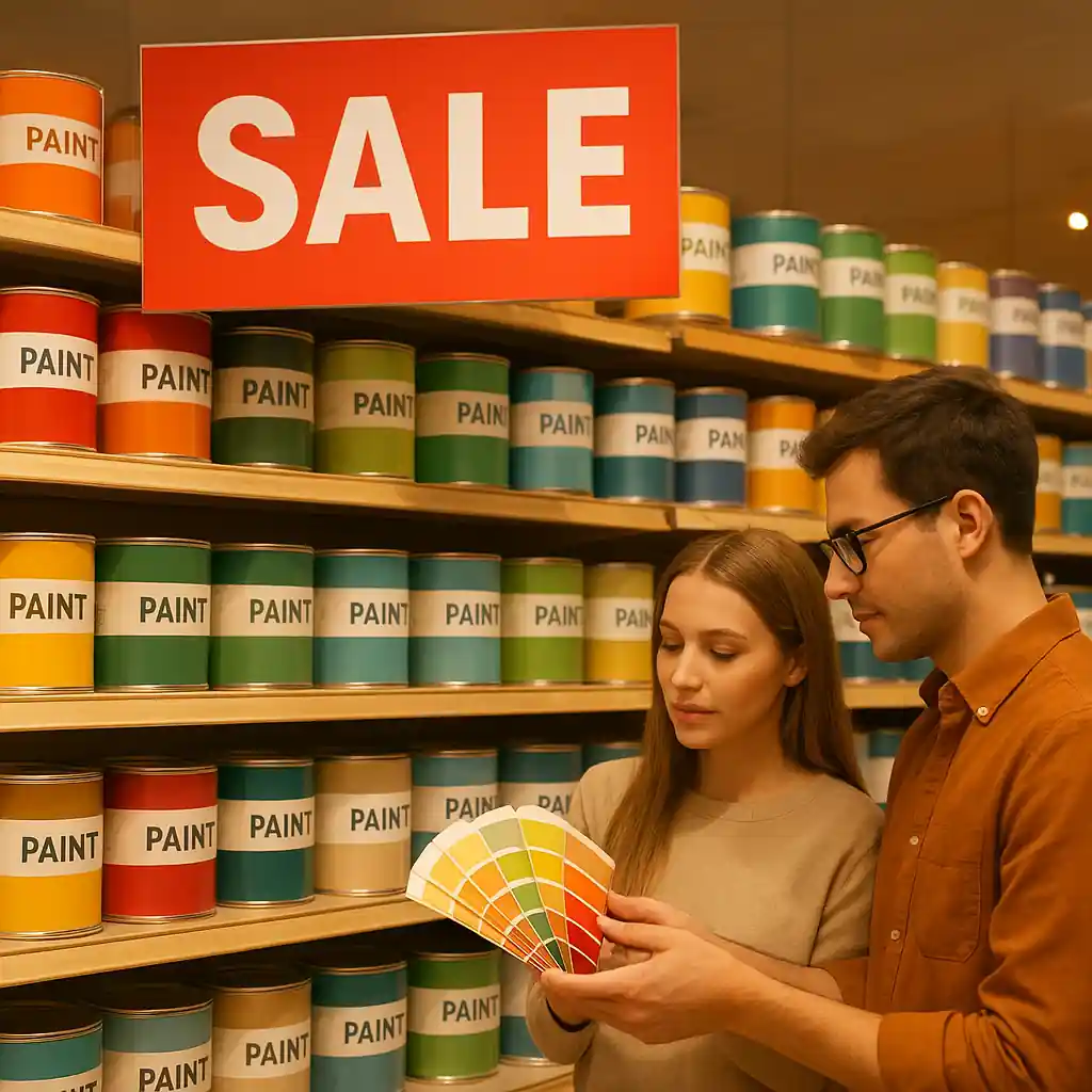 Shoppers comparing paint cans and color swatches in a Home Depot aisle with sale signage