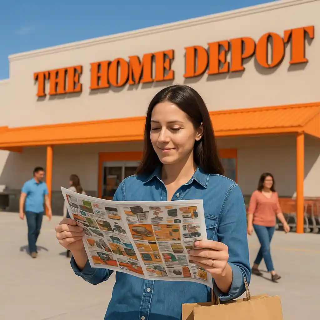 Shopper holding a Home Depot weekly sale ad circular outside a Home Depot store entrance