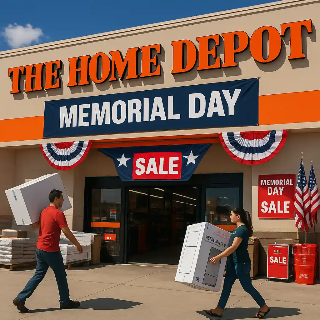 Home Depot storefront with Memorial Day sale signs and shoppers hauling appliances
